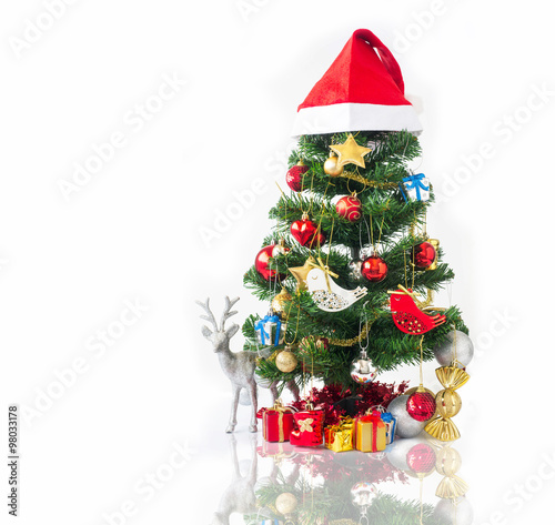 Christmas tree with colorful ornaments on white background