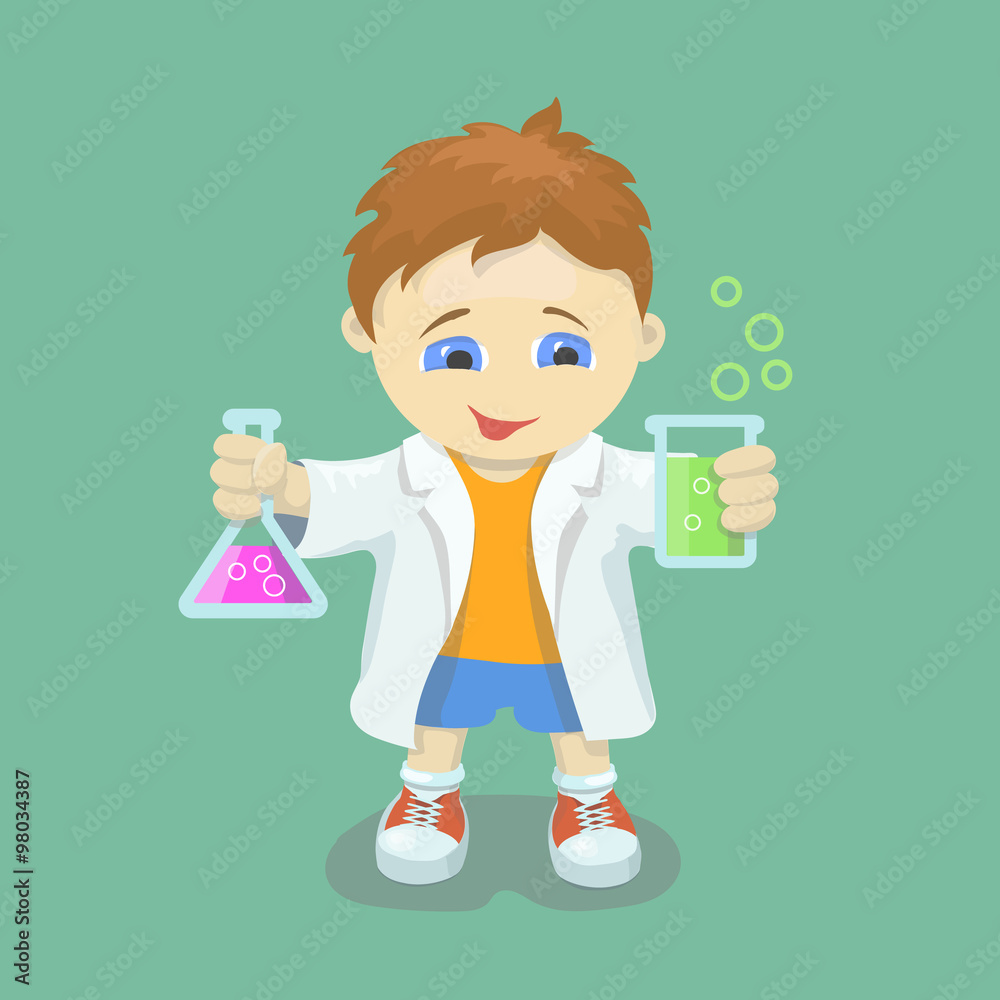 Boy doing chemical experiment. Young scientist. Kid holding test flask in hands Boy doing chemical experiment. Young scientist. Kid holding test flask in hands