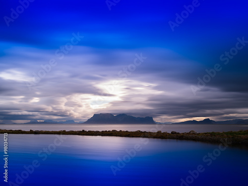 Horizontal vivid Norway dramatic ocean fjords mountains backgrou