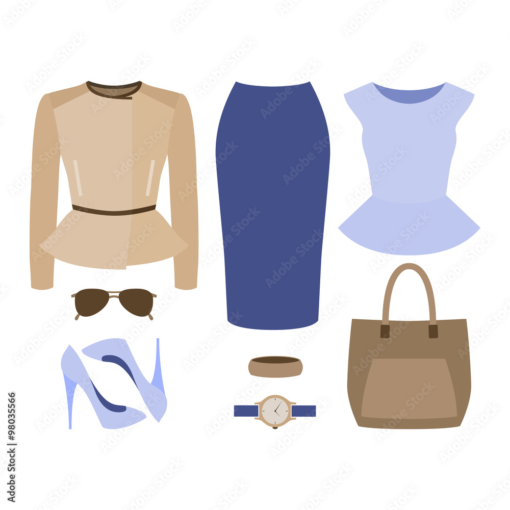 Set of trendy women's clothes. Outfit of woman skirt, rocker jacket, blouse and accessories. Women's wardrobe. Vector illustration Set of trendy women's clothes. Outfit of woman skirt, rocker jacket, blouse and accessories. Women's wardrobe. Vector illustration