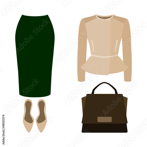 Set of trendy women's clothes. Outfit of woman skirt, rocker jacket and accessories. Women's wardrobe. Vector illustration