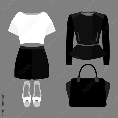 Set of trendy women's clothes. Outfit of woman shorts, rocker jacket, blouse and accessories. Women's wardrobe. Vector illustration
