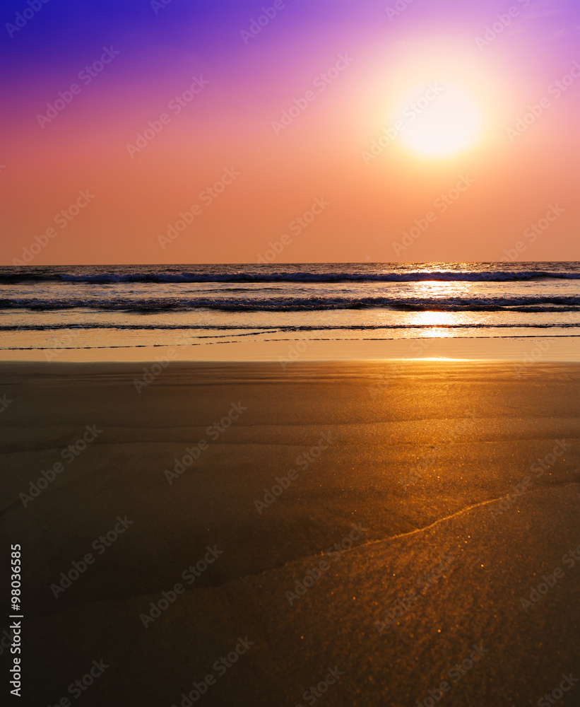 Vertical vibrant unreal dream ocean sunset with tidal waves back