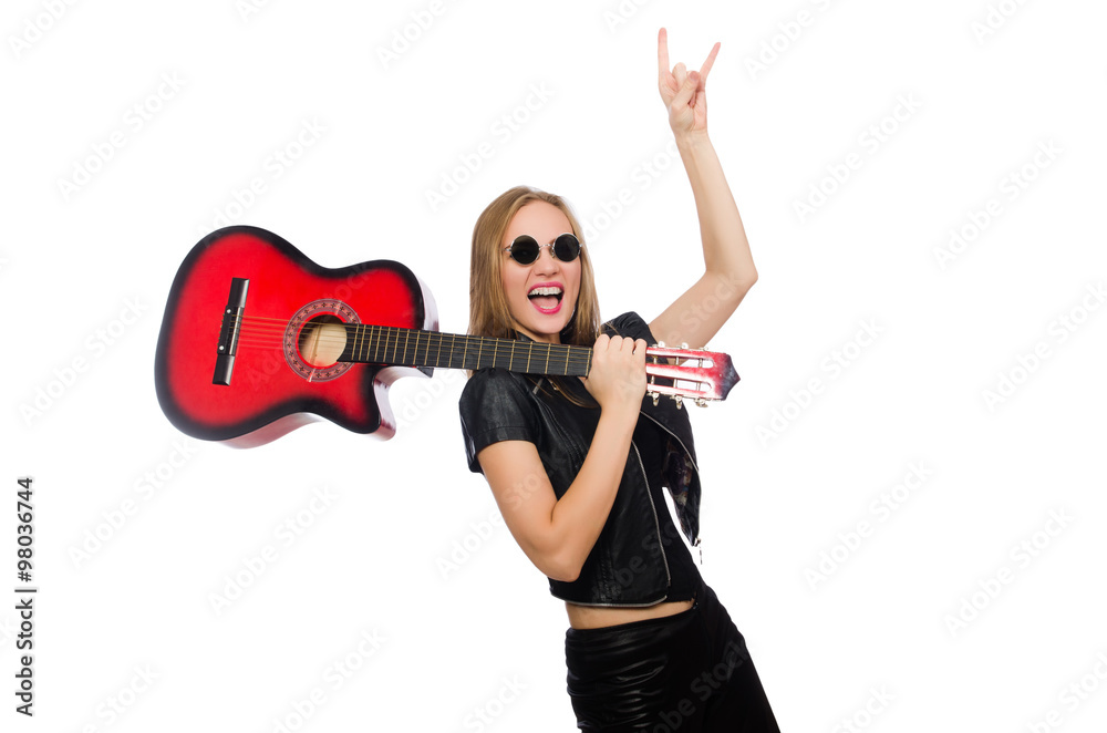 Young woman guitar player isolated on white Young woman guitar player isolated on white