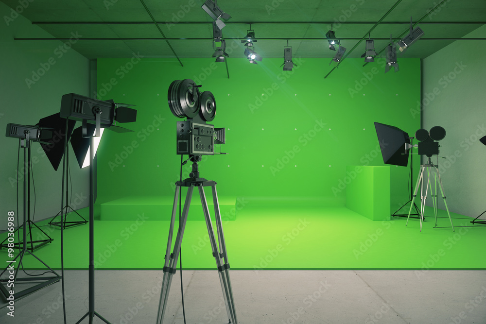 Modern empty green photo studio with  old style movie camera - obrazy, fototapety, plakaty 