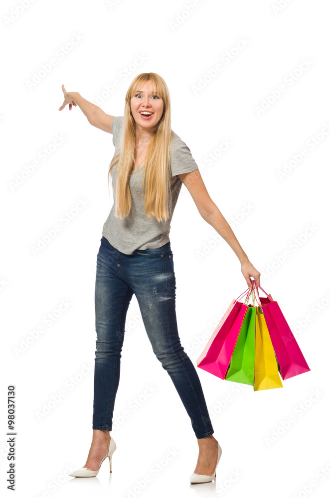 Woman with shopping bags isolated on white Woman with shopping bags isolated on white