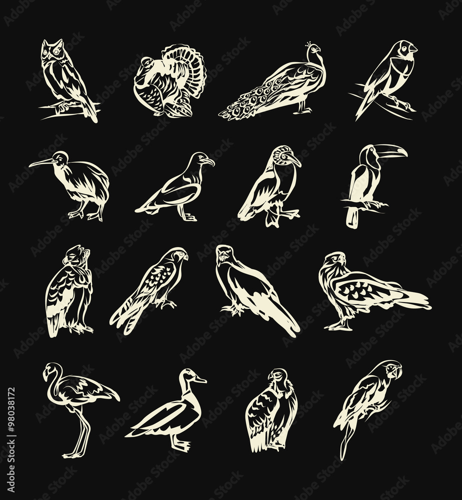 Obraz premium Birds vector white doodle icon set