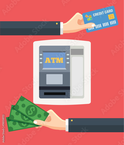 ATM terminal and credit card cash bank service. Vector flat illustration