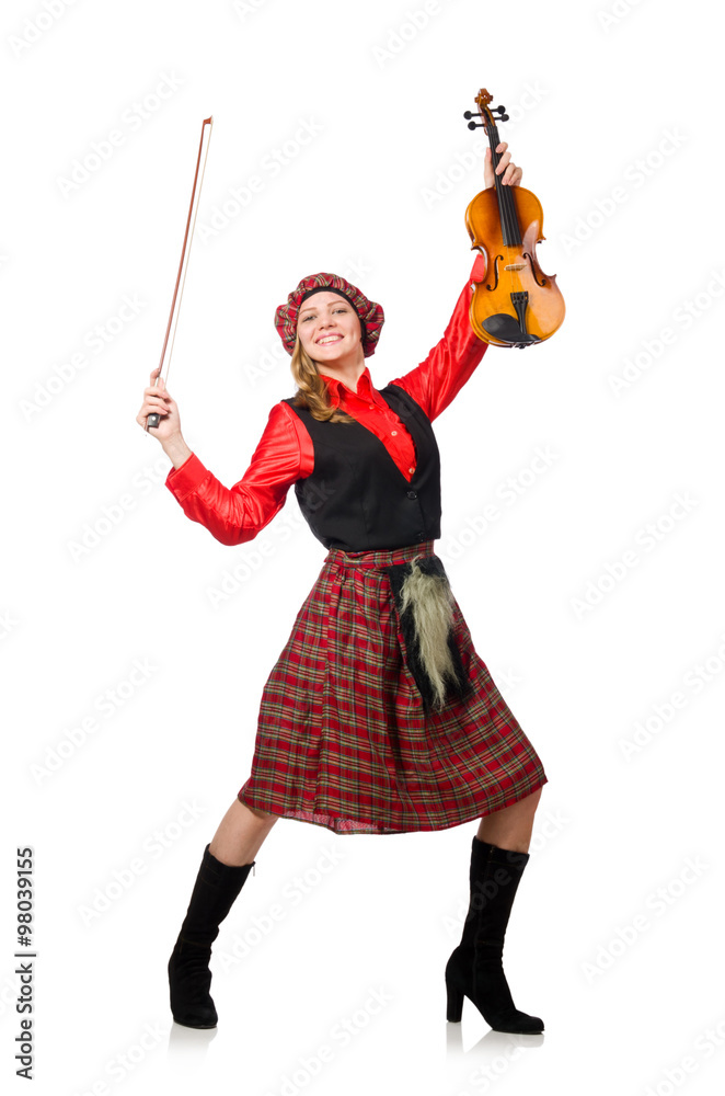 Funny woman in scottish clothing with violin Funny woman in scottish clothing with violin