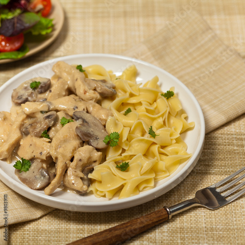 Chicken Stroganoff a variation on Beef Stroganoff. Selective focus.