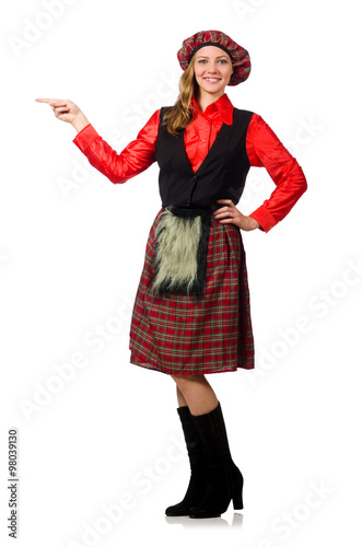 Funny woman in scottish clothing on white