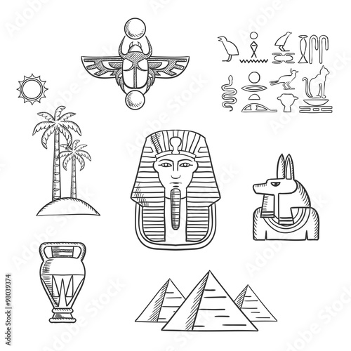 Egypt travel and ancient sketch icons