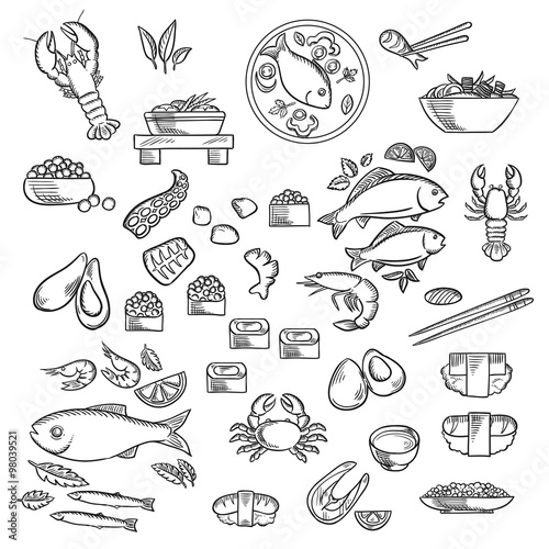 Seafood and delicatessen sketched icons