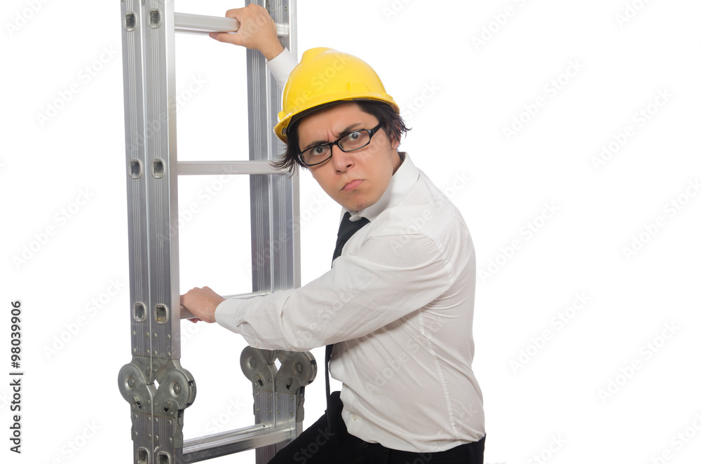 Construction worker in funny concept on white Construction worker in funny concept on white