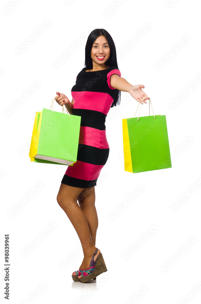 Woman in christmas shopping concept on white Woman in christmas shopping concept on white