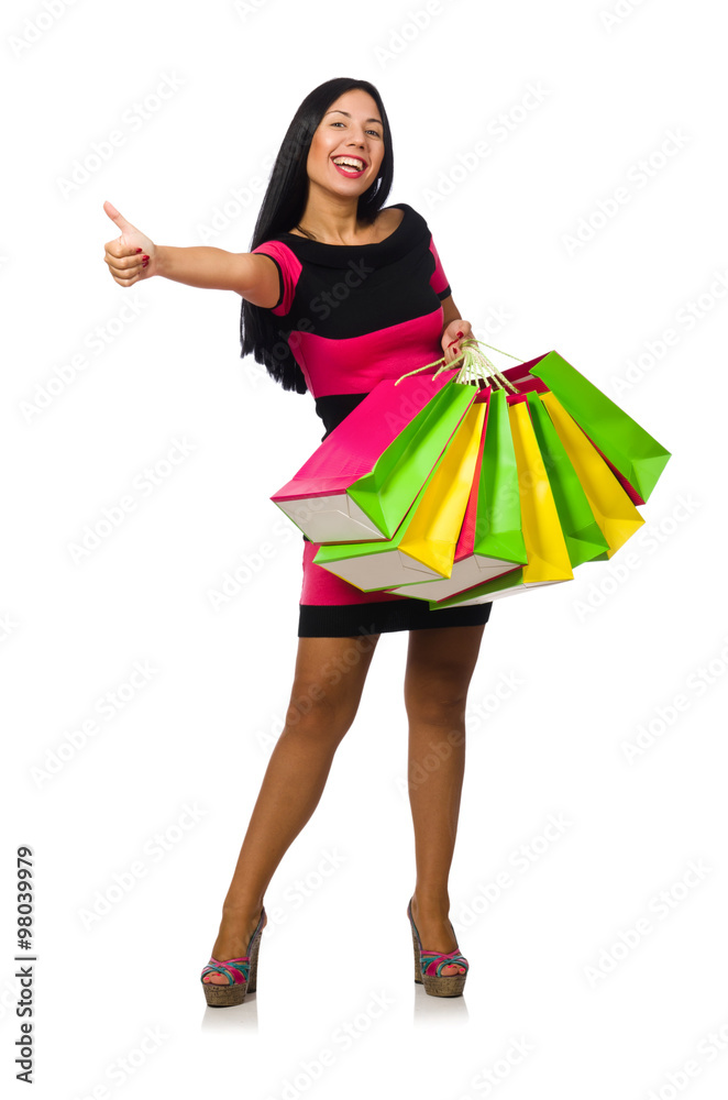 Woman in christmas shopping concept on white Woman in christmas shopping concept on white