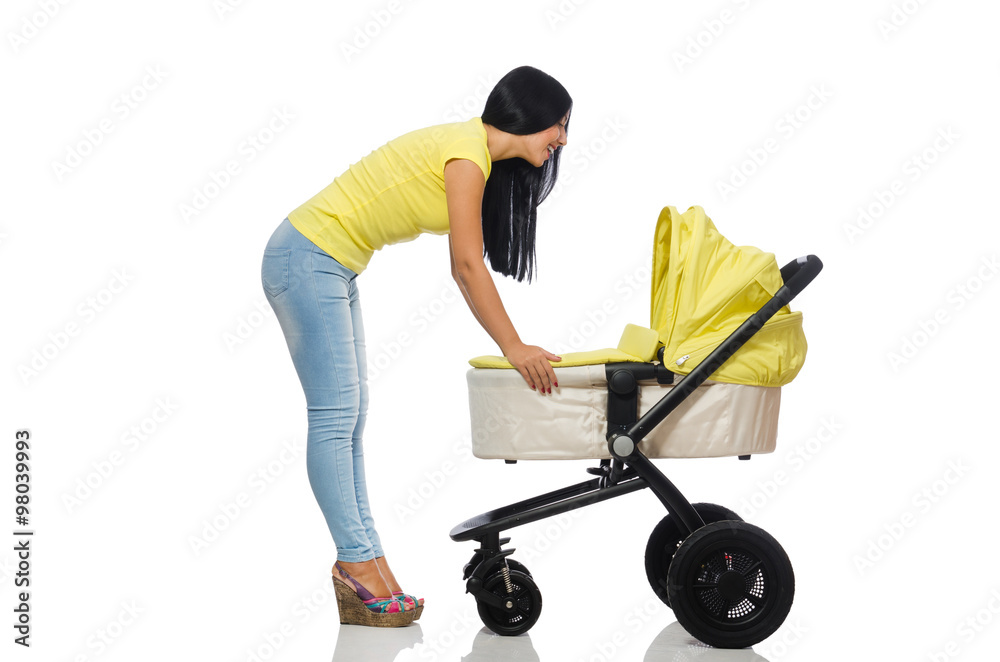Woman with baby and pram isolated on white Woman with baby and pram isolated on white