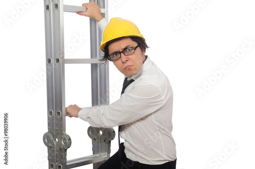 Construction worker in funny concept on white