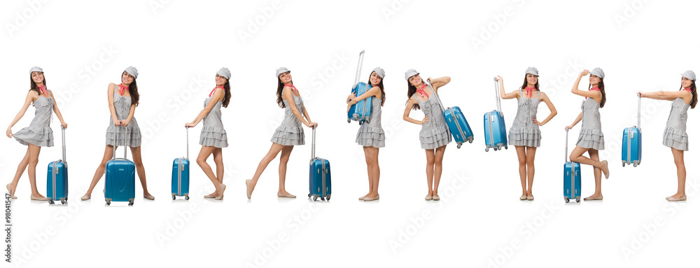 Obraz premium Travelling woman with suitcase isolated on white