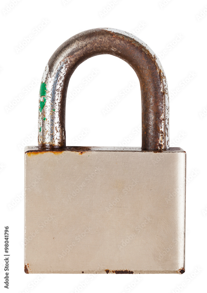 front view closed steel old padlock isolated front view closed steel old padlock isolated