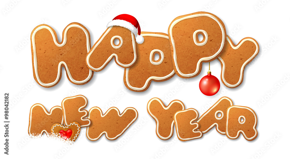 Happy New Year. Vector inscription, the letters in the form of Christmas gingerbread, decorated with decorated white icing, isolated on white Happy New Year. Vector inscription, the letters in the form of Christmas gingerbread, decorated with decorated white icing, isolated on white