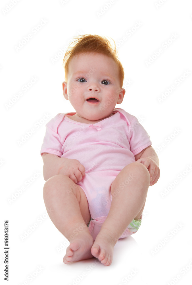 Baby in pink jumpsuit on white background Baby in pink jumpsuit on white background
