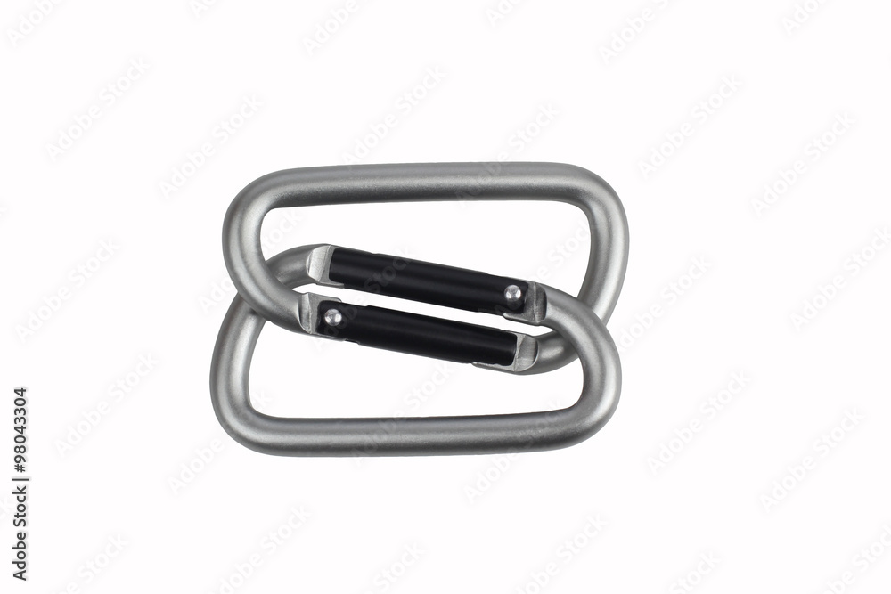two united grey climbing carabiner on a white background two united grey climbing carabiner on a white background