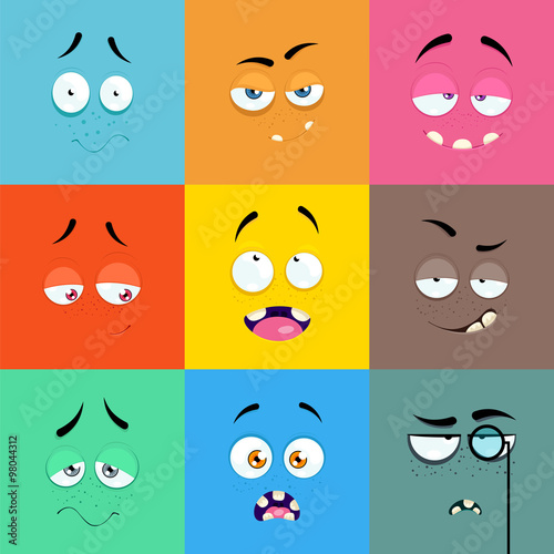 Set of cartoon faces with expression of emotions.