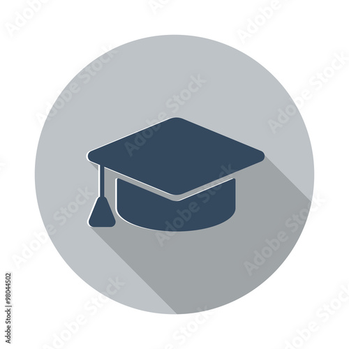 Flat Graduation Cap icon with long shadow on grey circle