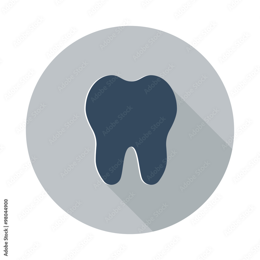 Flat Tooth icon with long shadow on grey circle Flat Tooth icon with long shadow on grey circle