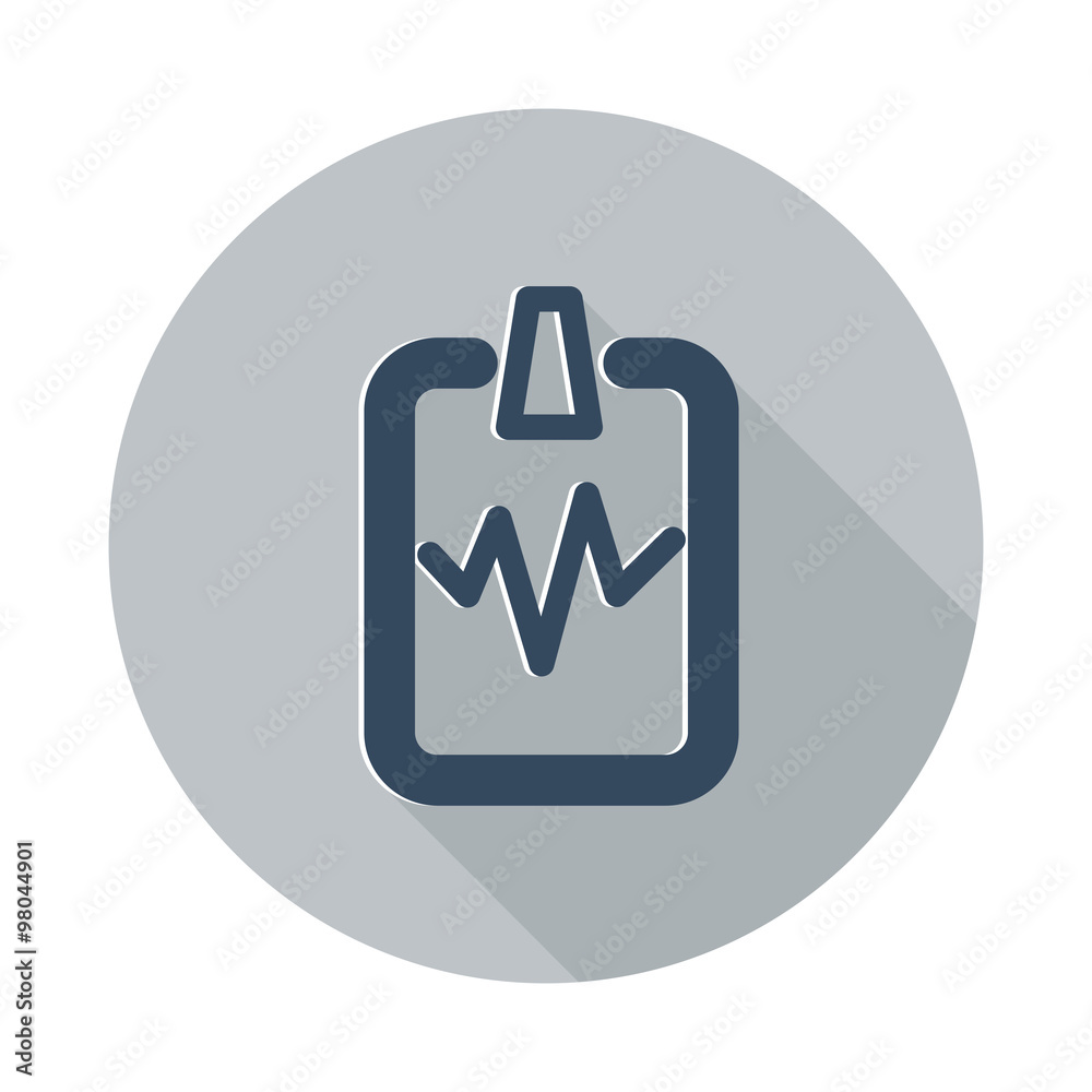 Flat Cardiogram Clipboard icon with long shadow on grey circle Flat Cardiogram Clipboard icon with long shadow on grey circle
