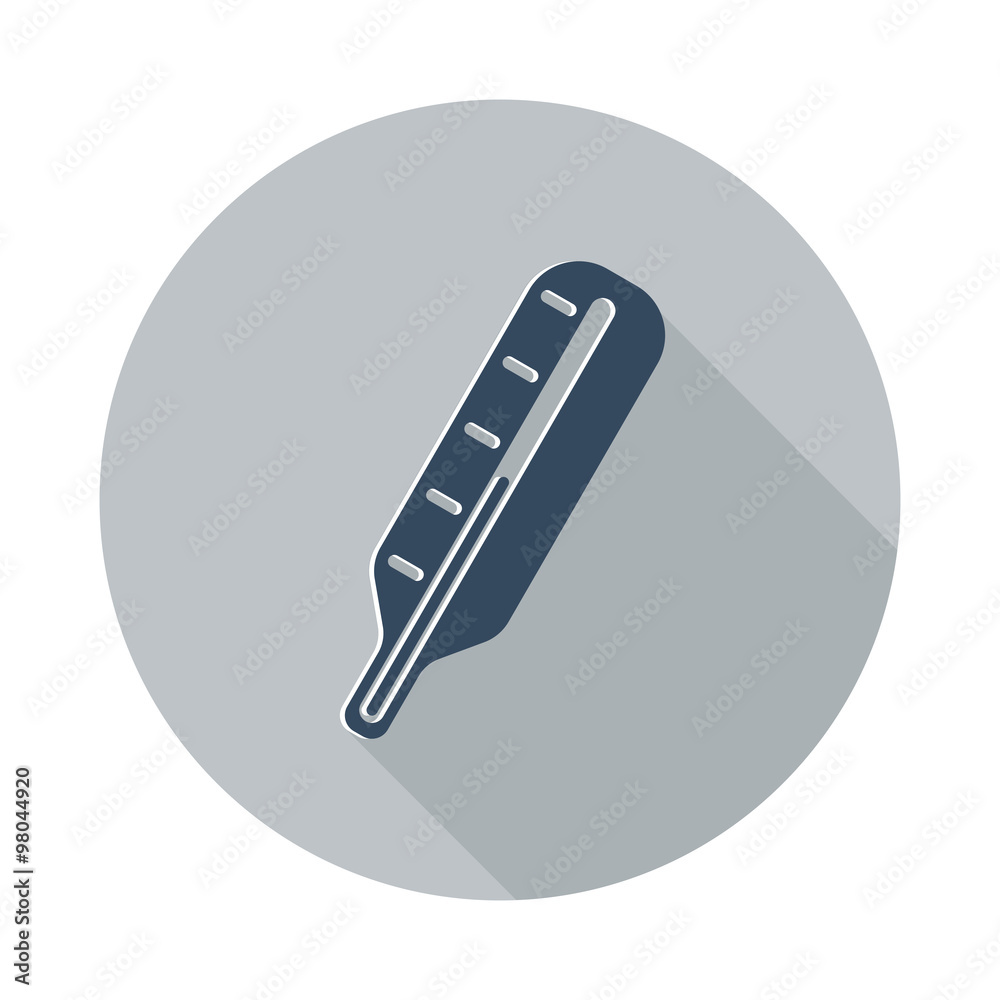 Flat Thermometer icon with long shadow on grey circle Flat Thermometer icon with long shadow on grey circle