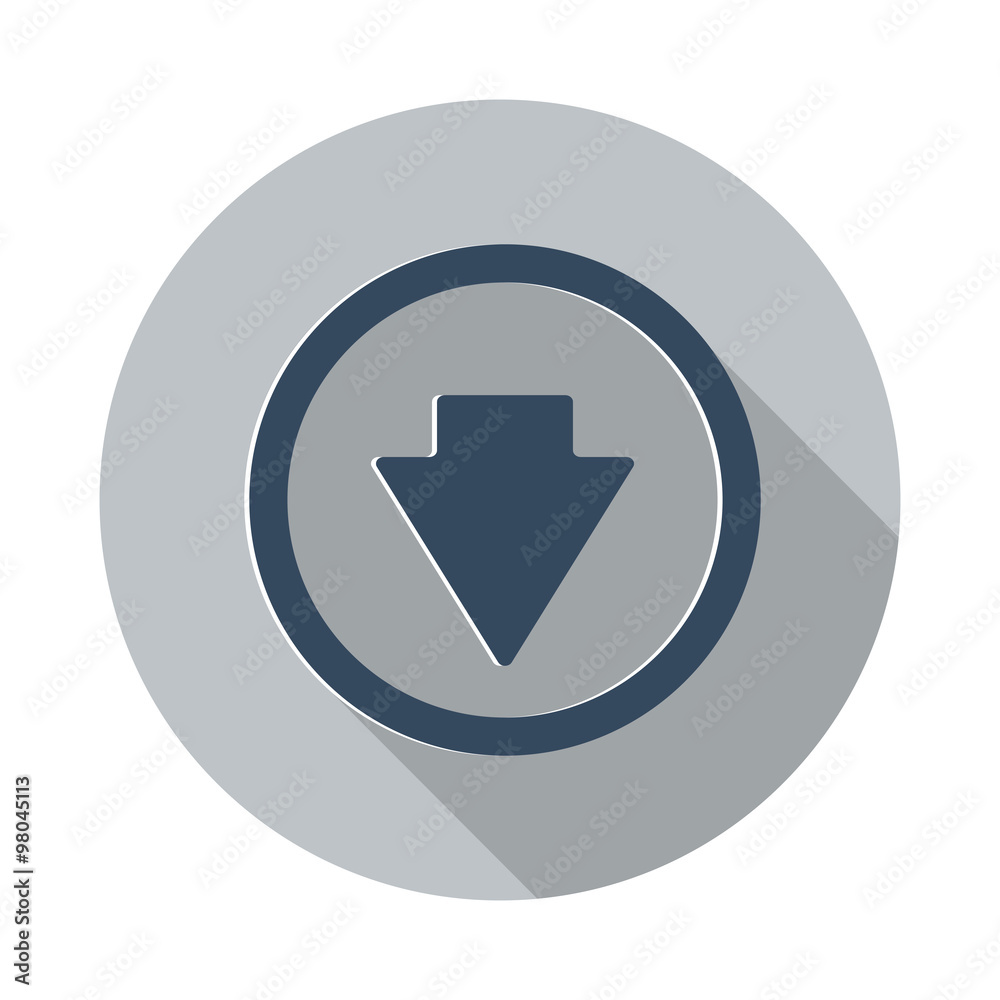 Flat Arrow Down icon with long shadow on grey circle Flat Arrow Down icon with long shadow on grey circle