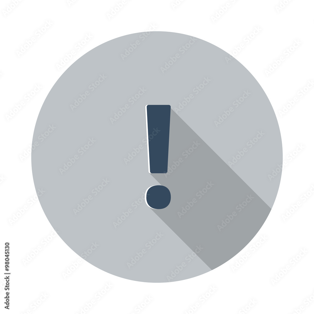 Flat Exclamation Mark icon with long shadow on grey circle Flat Exclamation Mark icon with long shadow on grey circle