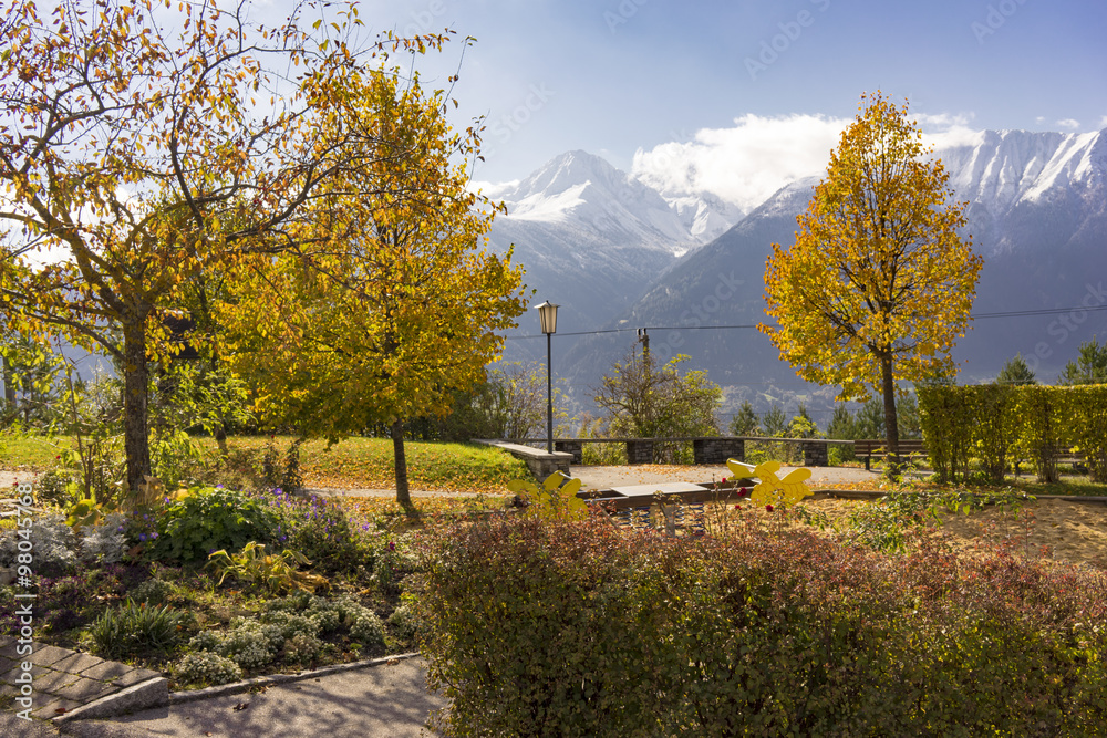 Autumn park overlooking the Austrian alps