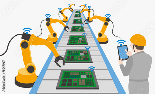 robot hands and conveyor belt, controlled by engineer with Tablet PC, Factory automation, Industry 4.0, Internet of Things, vector illustration
