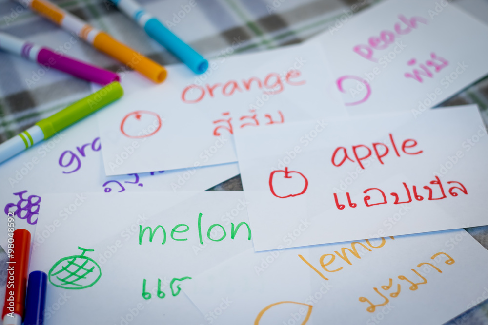 Thai; Learning New Language with Fruits Name Flash Cards