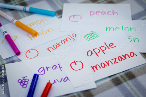 Spanish; Learning New Language with Fruits Name Flash Cards