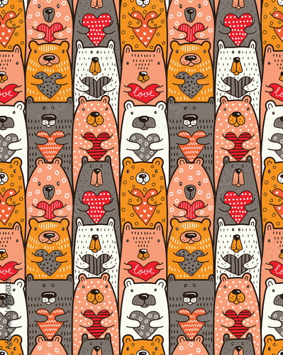 Bears with hearts. Vector seamless pattern