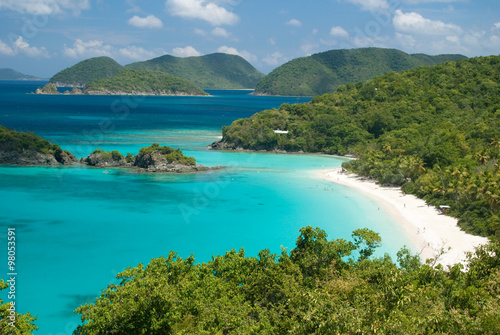 View of Trunk Bay on St John   United States Virgin Islands.    Great Thatch and Jost Van Dyke of the  British Virgin Islands in the background  