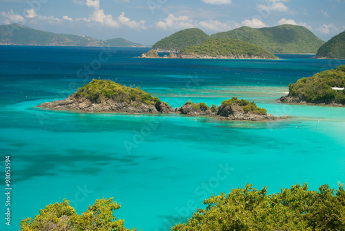 View of Trunk Bay on St John , United States Virgin Islands.    Great Thatch and Jost Van Dyke of the  British Virgin Islands in the background   © Aneese