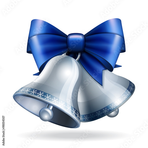 Silver bells with blue ribbon. 