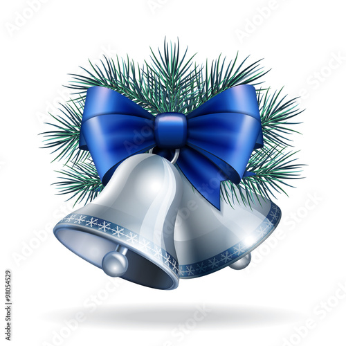 Silver bells with blue ribbon. 