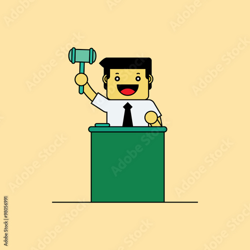 Auctioneer holding wooden hammer, Cartoon vector illustration.