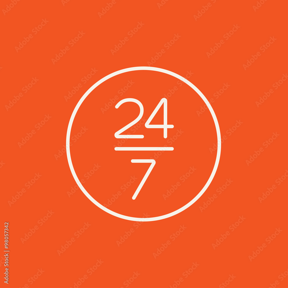 Open 24 hours and 7 days in wheek sign line icon. Open 24 hours and 7 days in wheek sign line icon.