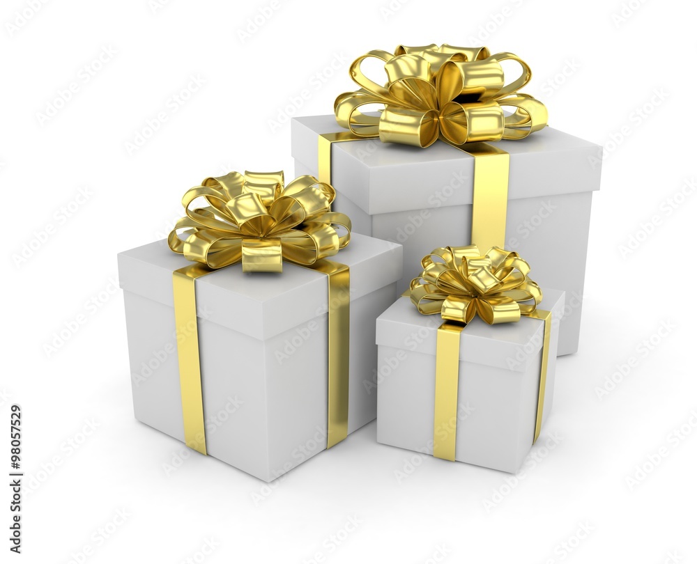 three gift boxes with bows isolated on white three gift boxes with bows isolated on white