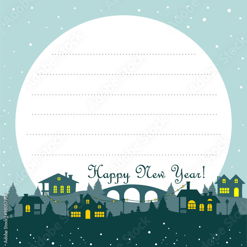 Christmas greeting card with a bridge and houses.