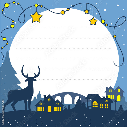 Christmas greeting card with deer and houses.