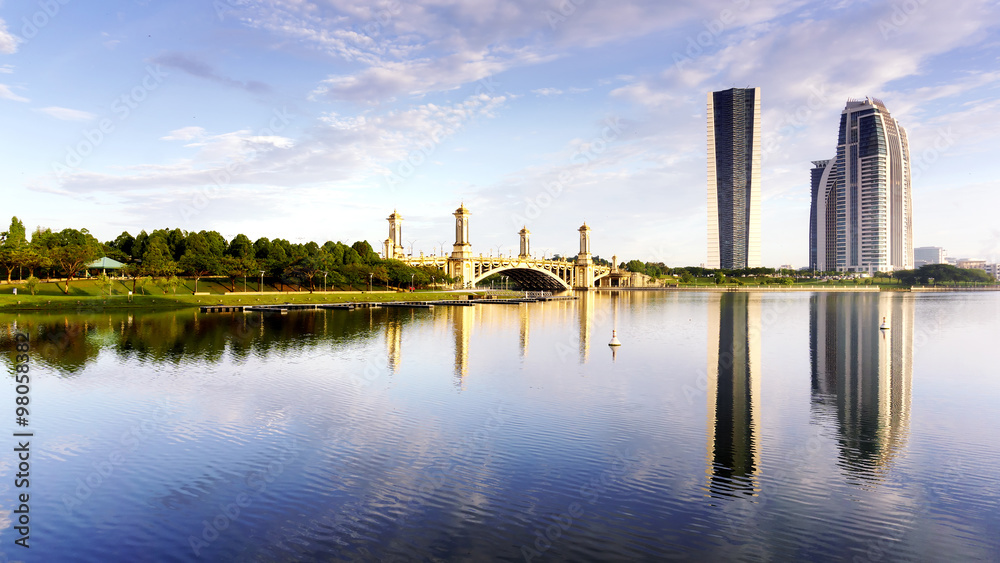 A panoramic view of Putrajaya's lake with reflections. A panoramic view of Putrajaya's lake with reflections.
