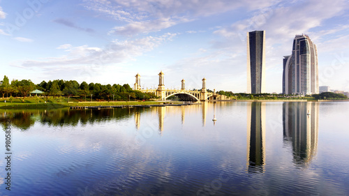A panoramic view of Putrajaya's lake with reflections.
